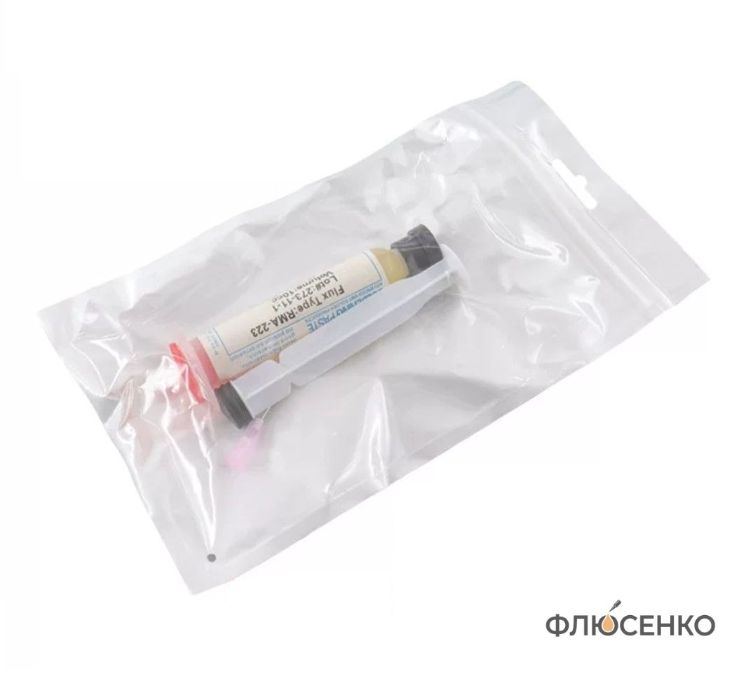 Флюс-паста Флюсенко RMA-223-UV і поршень-штовхач зблизька