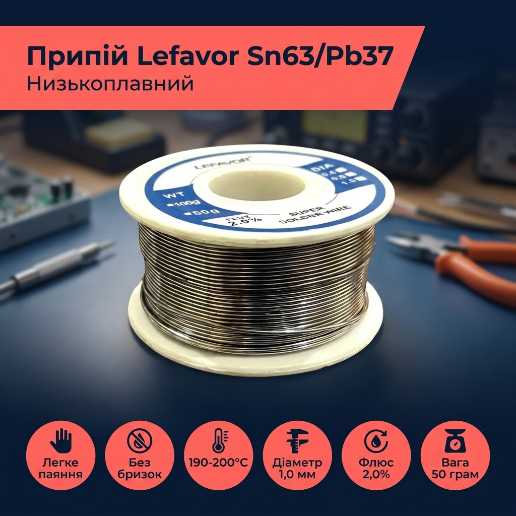 Бічний ракурс мотка припою Lefavor з каніфольним флюсом