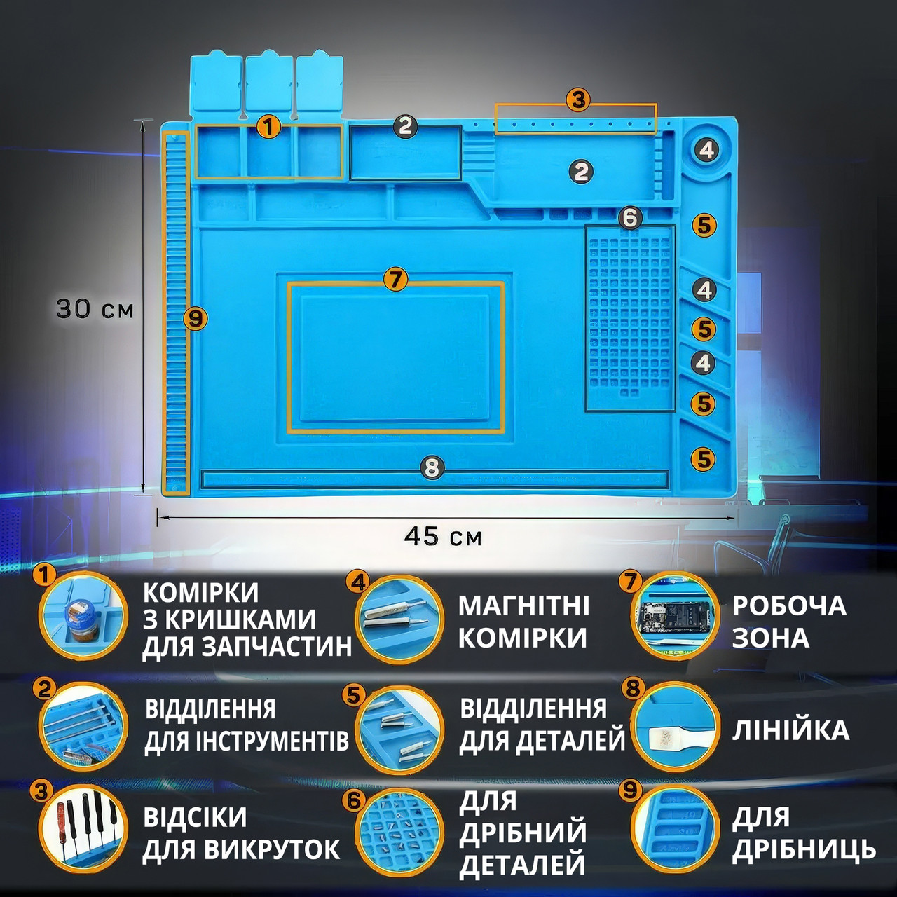 Комірки для деталей на силіконовому килимку для пайки крупним планом